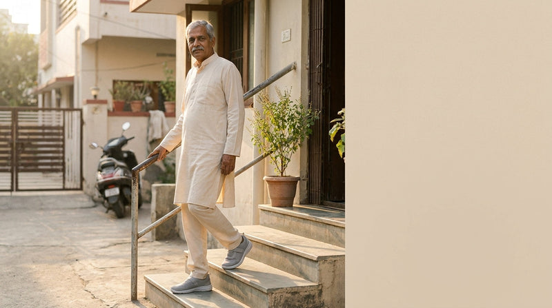 Senior Indian man walking down outdoor steps with a hand on the railing, wearing supportive walking shoes