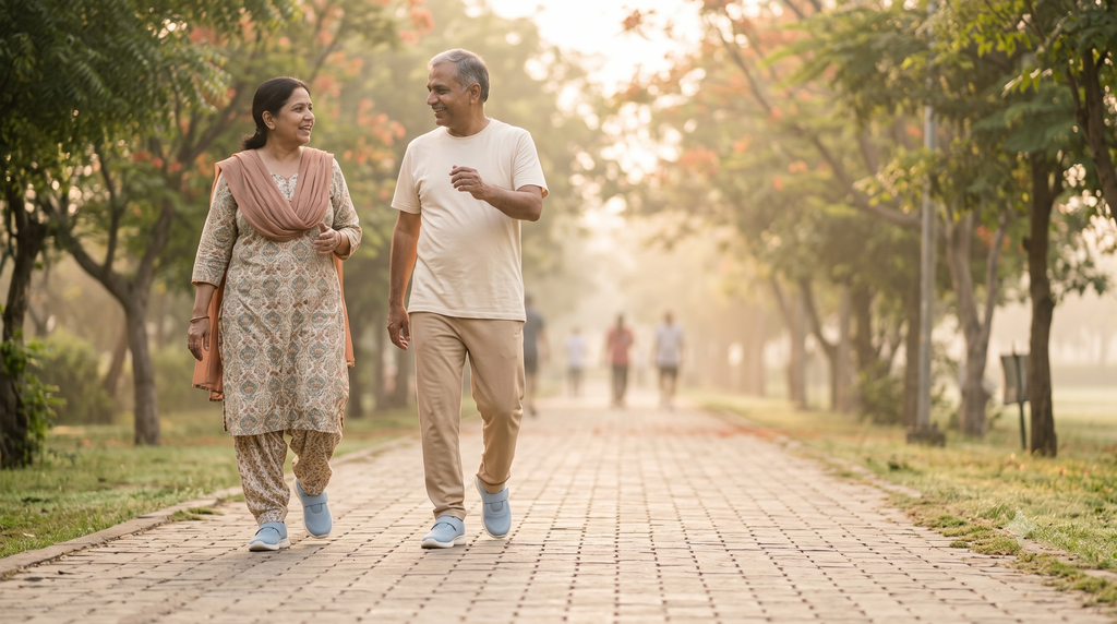 Indian couple in their fifties on a brisk morning walk in a park, wearing walking shoes