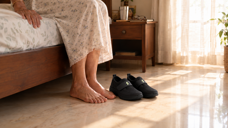Senior woman sitting on the edge of her bed in the morning, stepping into slip-on shoes on a marble floor