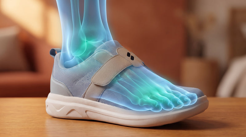 Silwer Ease shoe with a glowing anatomical outline of a foot, showing gentle support for swollen and diabetic feet.