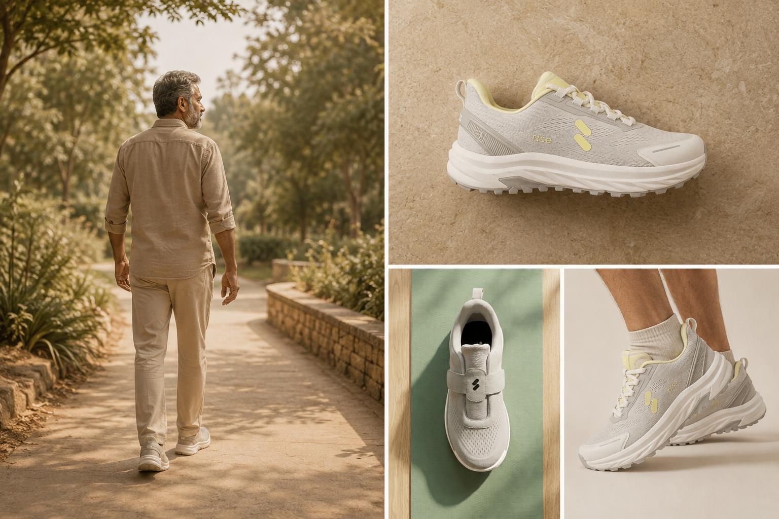 Silwer shoe designed for mature feet, shown in a neutral beige and earthy-toned setting, highlighting its roomy toe box, cushioned sole, and supportive everyday design.