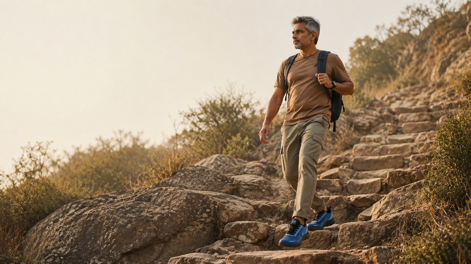 Indian man in his early 50s confidently walking up a steep, uneven rocky trail, wearing supportive walking shoes, surrounded by warm earthy stone, sandy ground and muted green foliage in soft late-afternoon light.