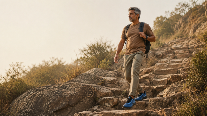 Indian man in his early 50s confidently walking up a steep, uneven rocky trail, wearing supportive walking shoes, surrounded by warm earthy stone, sandy ground and muted green foliage in soft late-afternoon light.