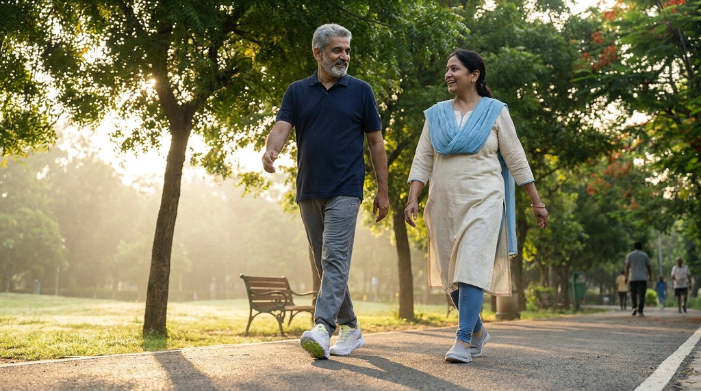 Senior Indian couple walking briskly on a park track at sunrise in walking shoes