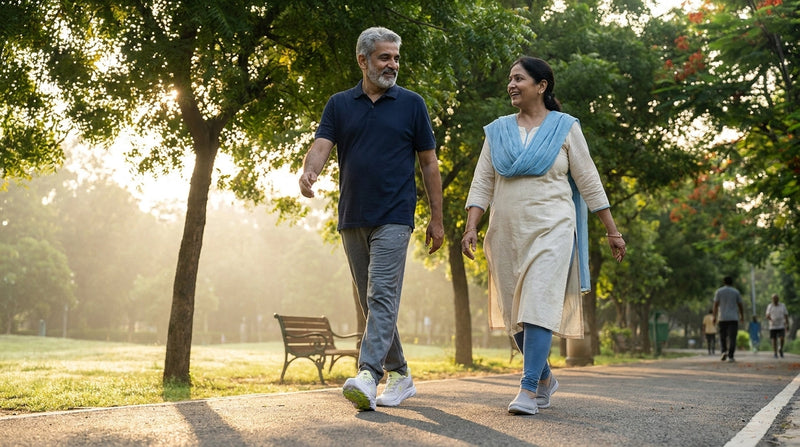 Senior Indian couple walking briskly on a park track at sunrise in walking shoes