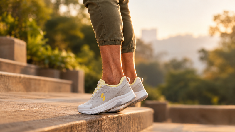 Slow calf raise on a stone step in cushioned beige walking shoes, strengthening the calves and Achilles tendon