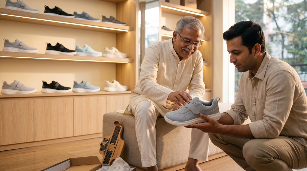 Son showing a grey slip-on walking shoe to his elderly father in a shoe store