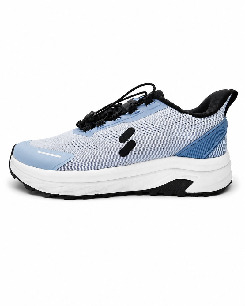 A light blue and white athletic sneaker with black laces, a black heel tab, and a thick white midsole, shown from a side profile on a white background.