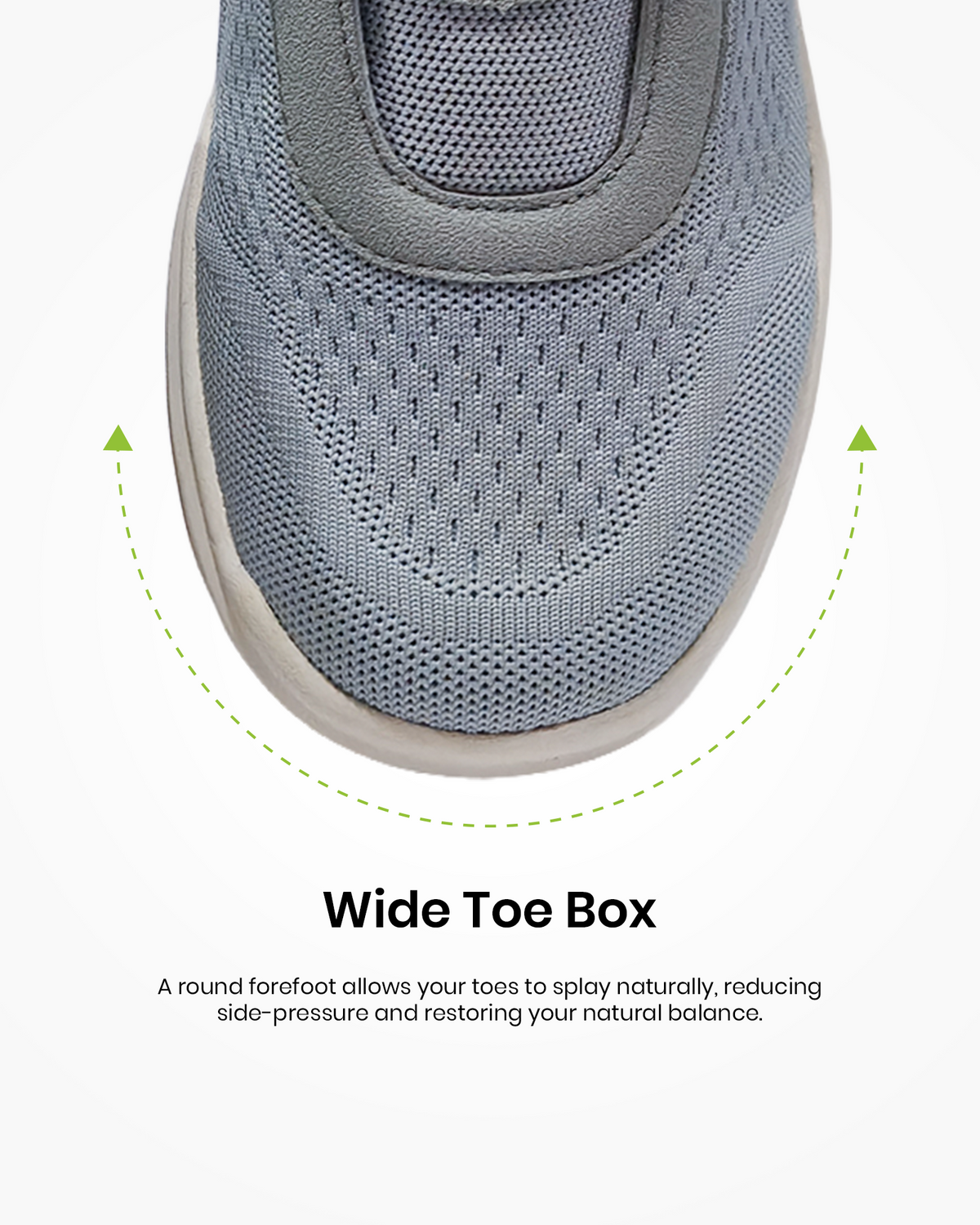 Silwer Ease Wide Toe Box feature graphic, close-up of the toe box with arrows showing natural toe splay
