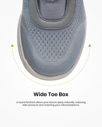 Silwer Ease Wide Toe Box feature graphic, close-up of the toe box with arrows showing natural toe splay