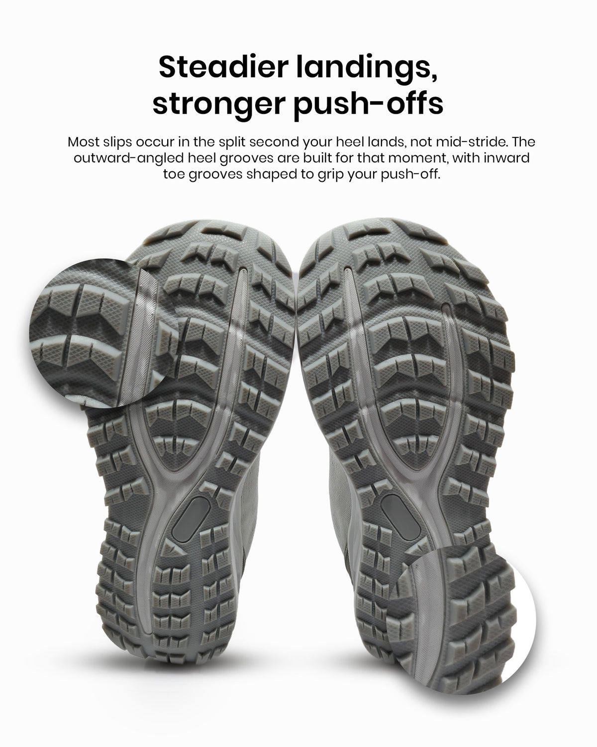 A pair of Silwer Active Lime White Men's Shoes shown from the sole on a white background, with the text 'Steadier landings, stronger push-offs.'