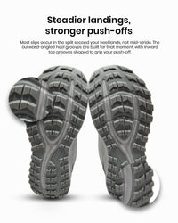 A pair of Silwer Active Lime White Men's Shoes shown from the sole on a white background, with the text 'Steadier landings, stronger push-offs.'