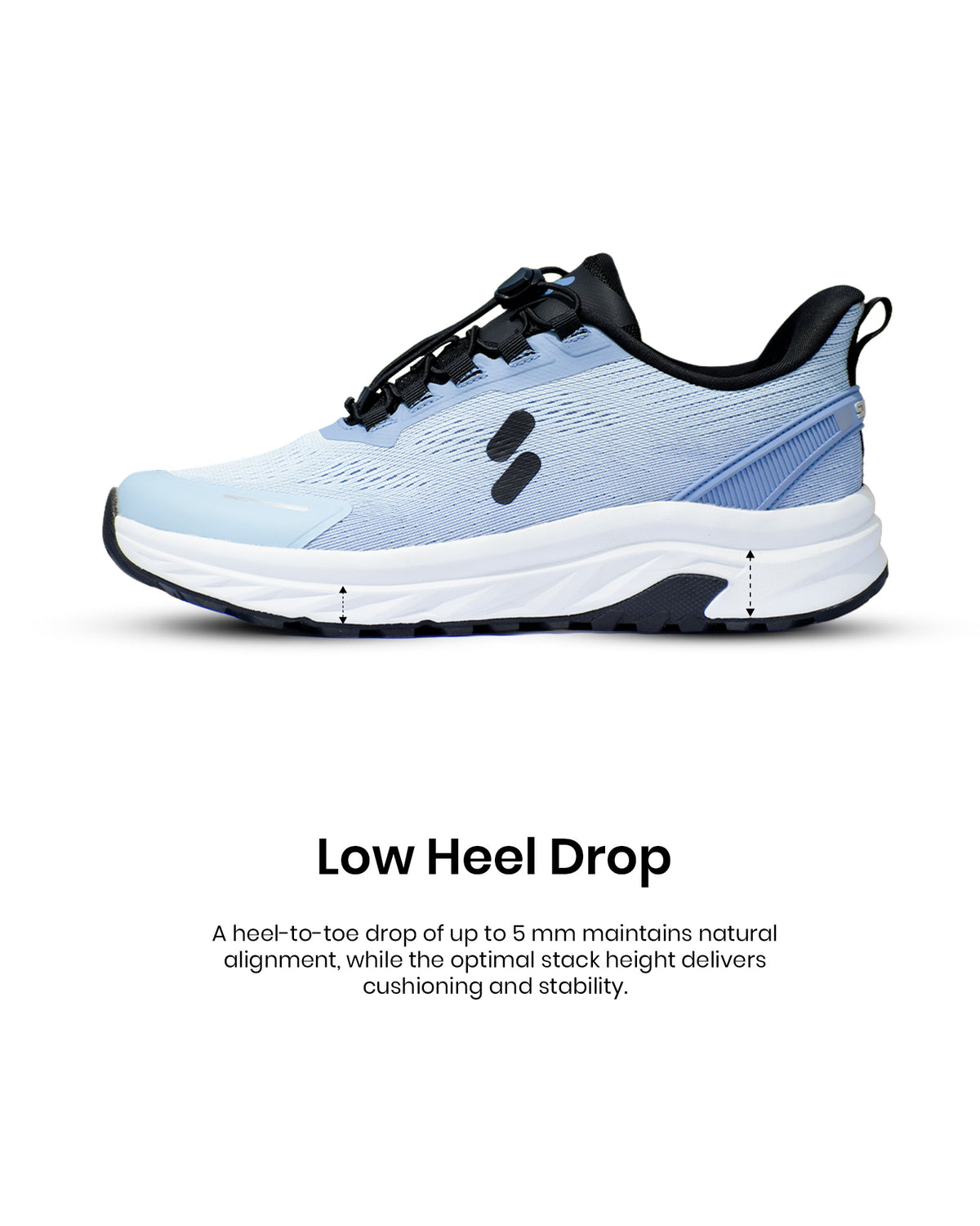 Silwer Active Low Heel Drop feature graphic, side profile of the shoe with arrows marking heel-to-toe height