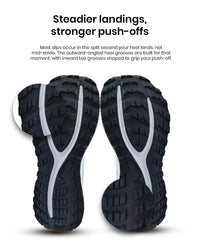 A pair of Silwer Active Ice Blue Men's Shoe soles shown from below, with text about steadier landings and stronger push-offs. The soles have a rugged tread pattern and curved white grooves.