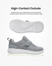Silwer Ease High-Contact Outsole feature graphic, showing the tread pattern from below and the full shoe with a ground-contact width indicator