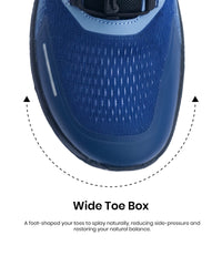 Silwer Active Wide Toe Box feature graphic, close-up of the toe box with arrows showing natural toe splay