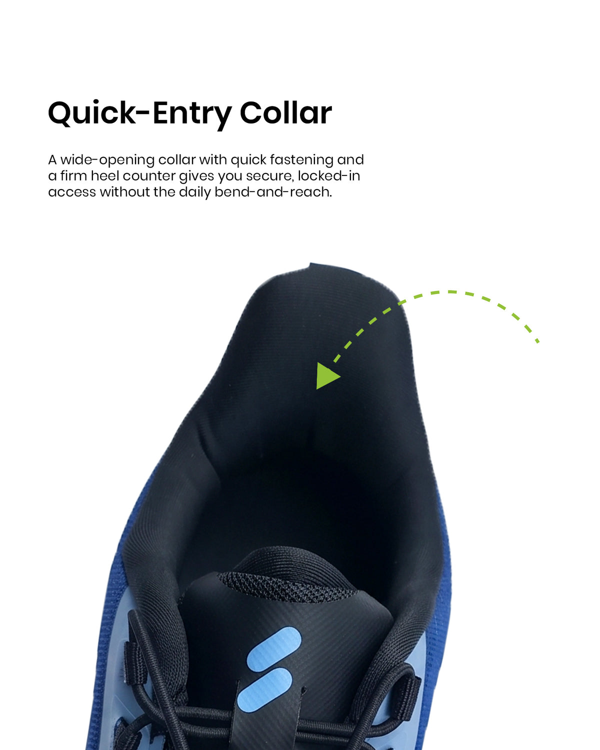 Silwer Active Quick-Entry Collar feature graphic, close-up into the shoe's open collar with an arrow showing entry motion