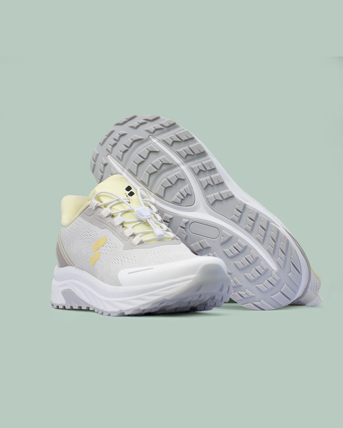 Pair of Silwer Active Lime White Men's Shoes, one in side profile and one turned to show the textured outsole tread