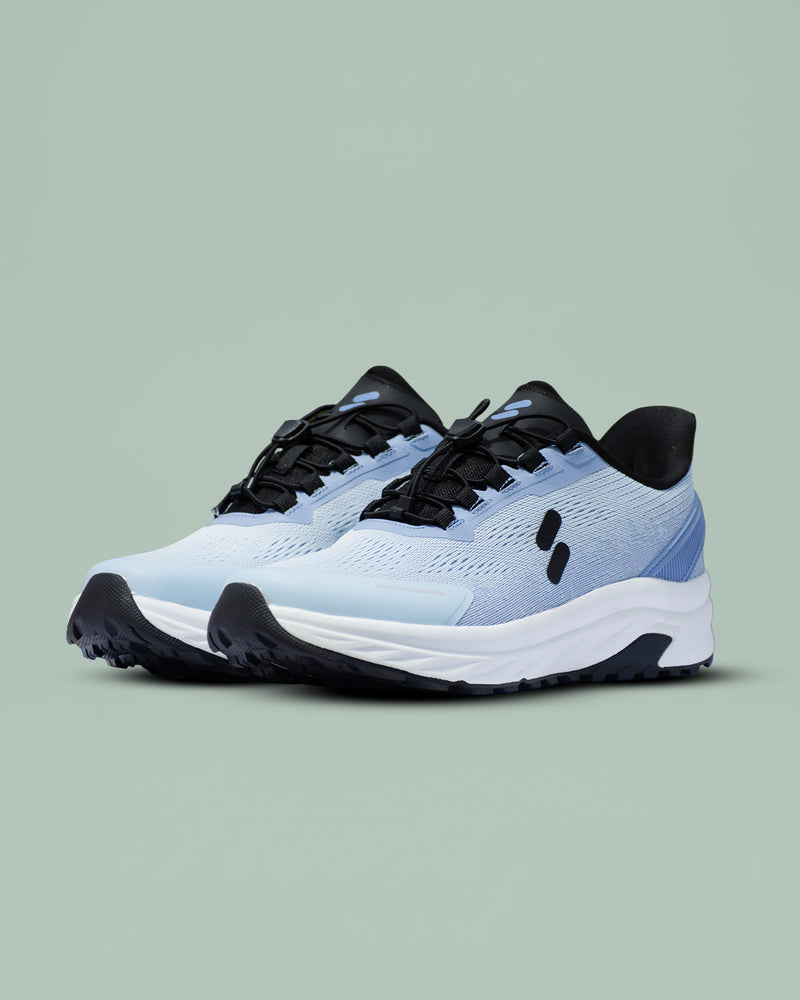 Silwer Active Ice Blue Men's Shoes, pair shown at a three-quarter angle, light blue mesh upper with black accents, on a mint green background