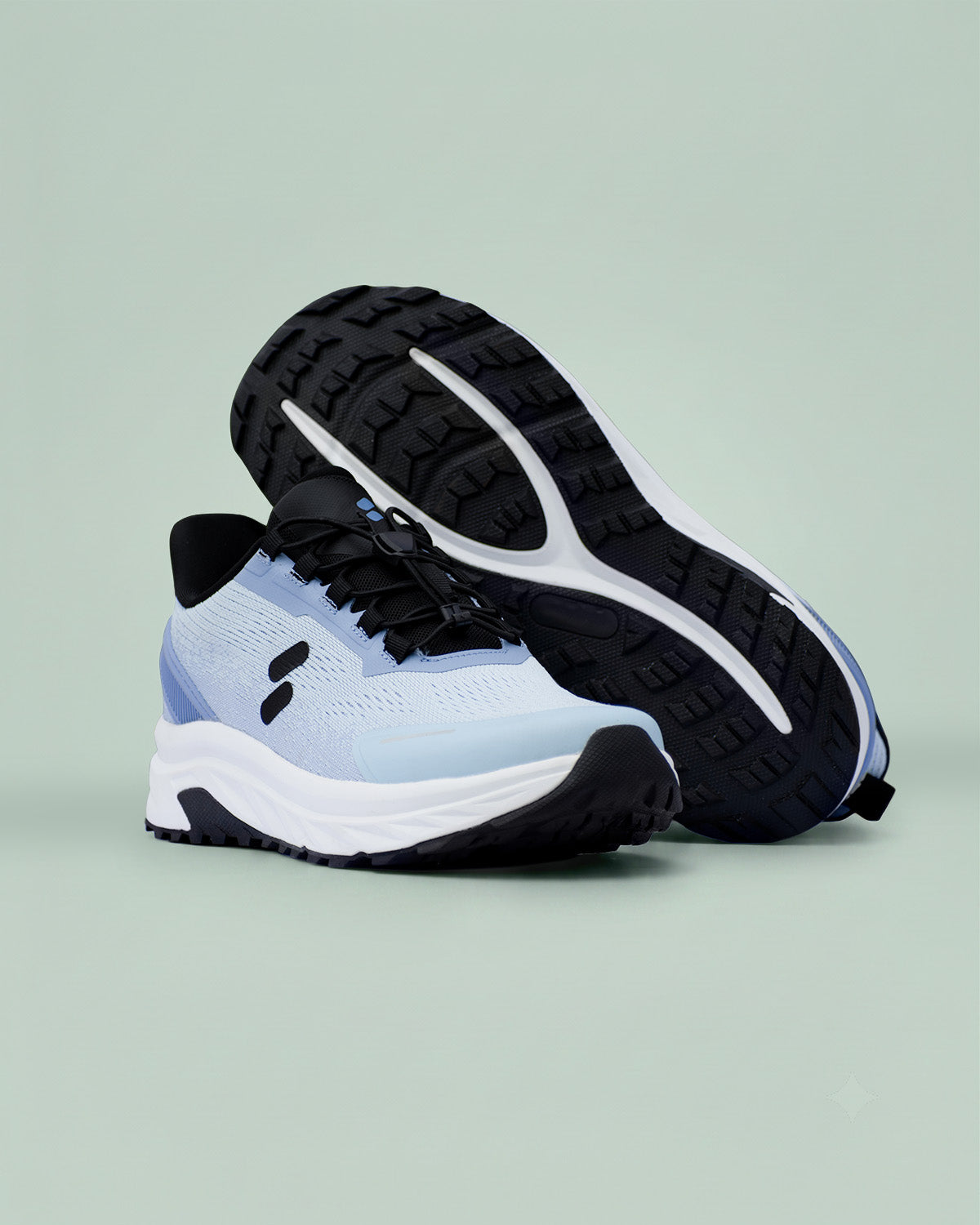 Pair of Silwer Active Ice Blue Men's Shoes, one in side profile and one turned to show the black treaded outsole