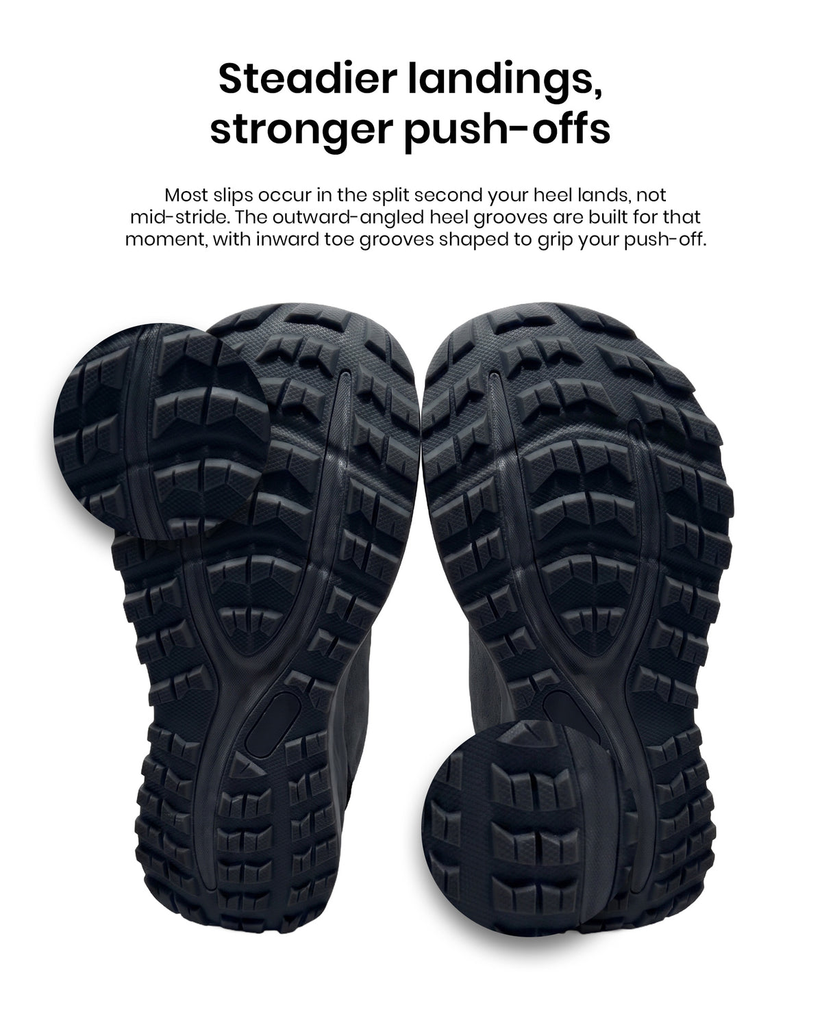 A pair of Silwer Active Ink Blue Men's Shoe soles shown from below on a white background, with the text 'Steadier landings, stronger push-offs.'