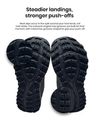 A pair of Silwer Active Ink Blue Men's Shoe soles shown from below on a white background, with the text 'Steadier landings, stronger push-offs.'