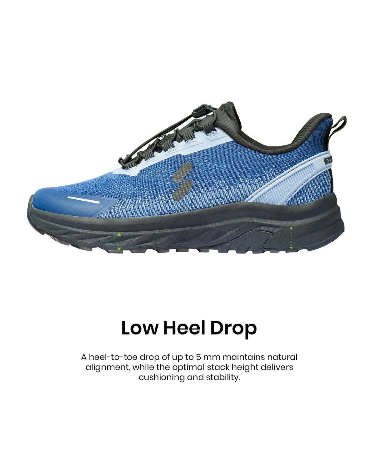 Silwer Active Low Heel Drop feature graphic, side profile of the shoe with arrows marking heel-to-toe height