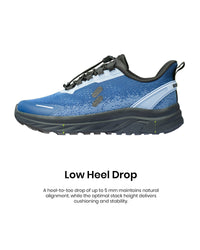 Silwer Active Low Heel Drop feature graphic, side profile of the shoe with arrows marking heel-to-toe height