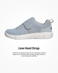 Silwer Ease Low Heel Drop feature graphic, side profile of the shoe with arrows marking heel-to-toe height