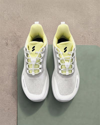 Silwer Active Lime White Men's Shoes, top-down view showing the lime collar lining and white laces on both shoes