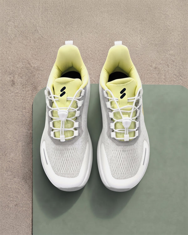 Silwer Active Lime White Men's Shoes, top-down view showing the lime collar lining and white laces on both shoes